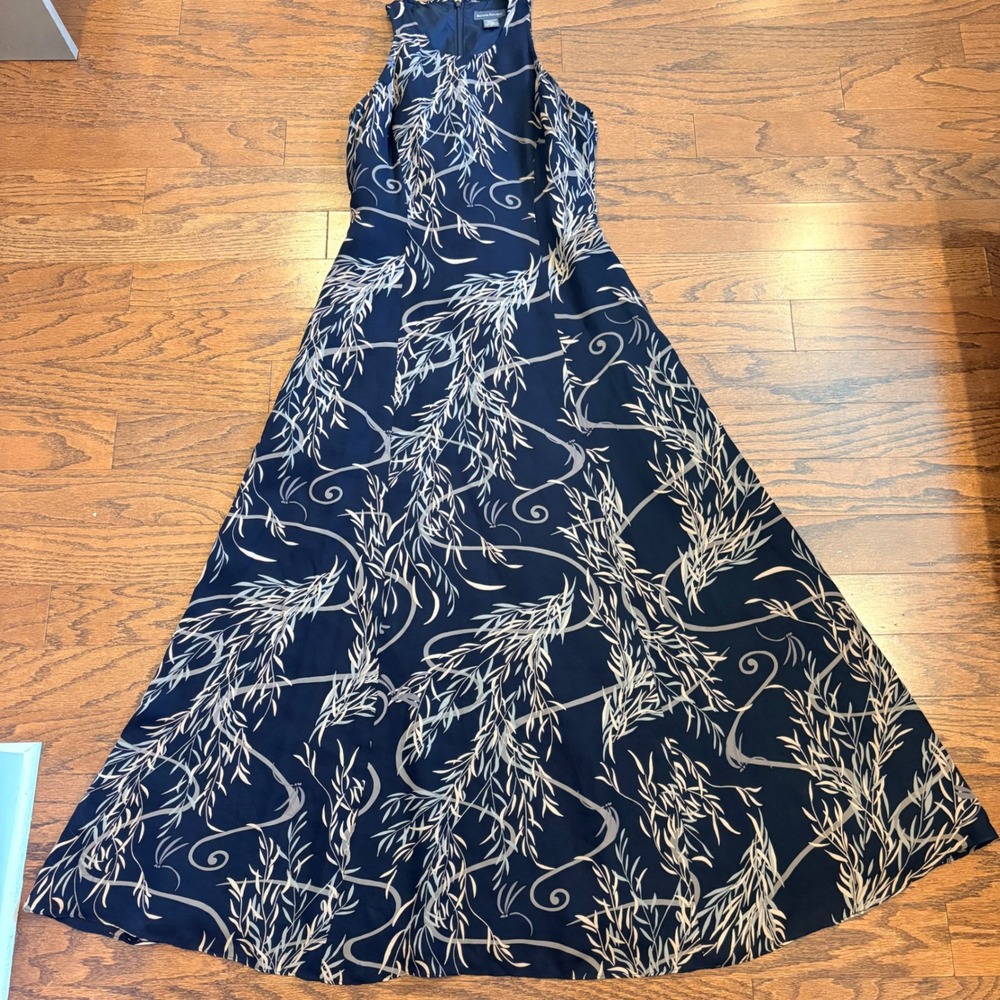 Banana Republic 100% Silk Halter Maxi Dress Black Tan Floral Y2K Vintage Gown 6